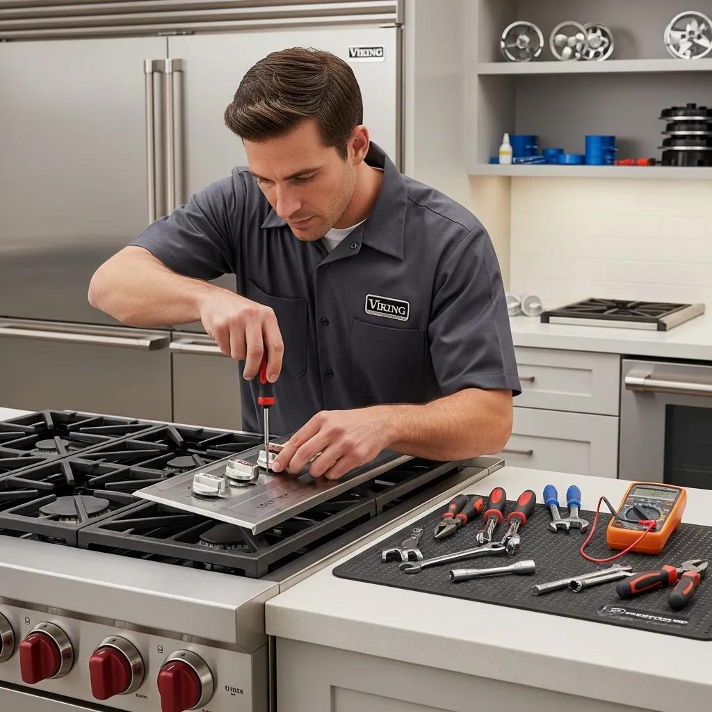 Certified technician inspecting a Viking cooktop, showcasing expert service and professionalism