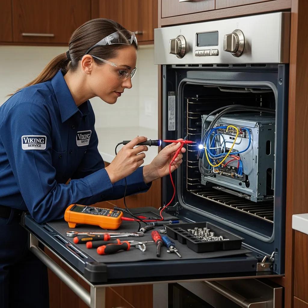Certified technician inspecting a Viking oven, emphasizing reliability and expertise