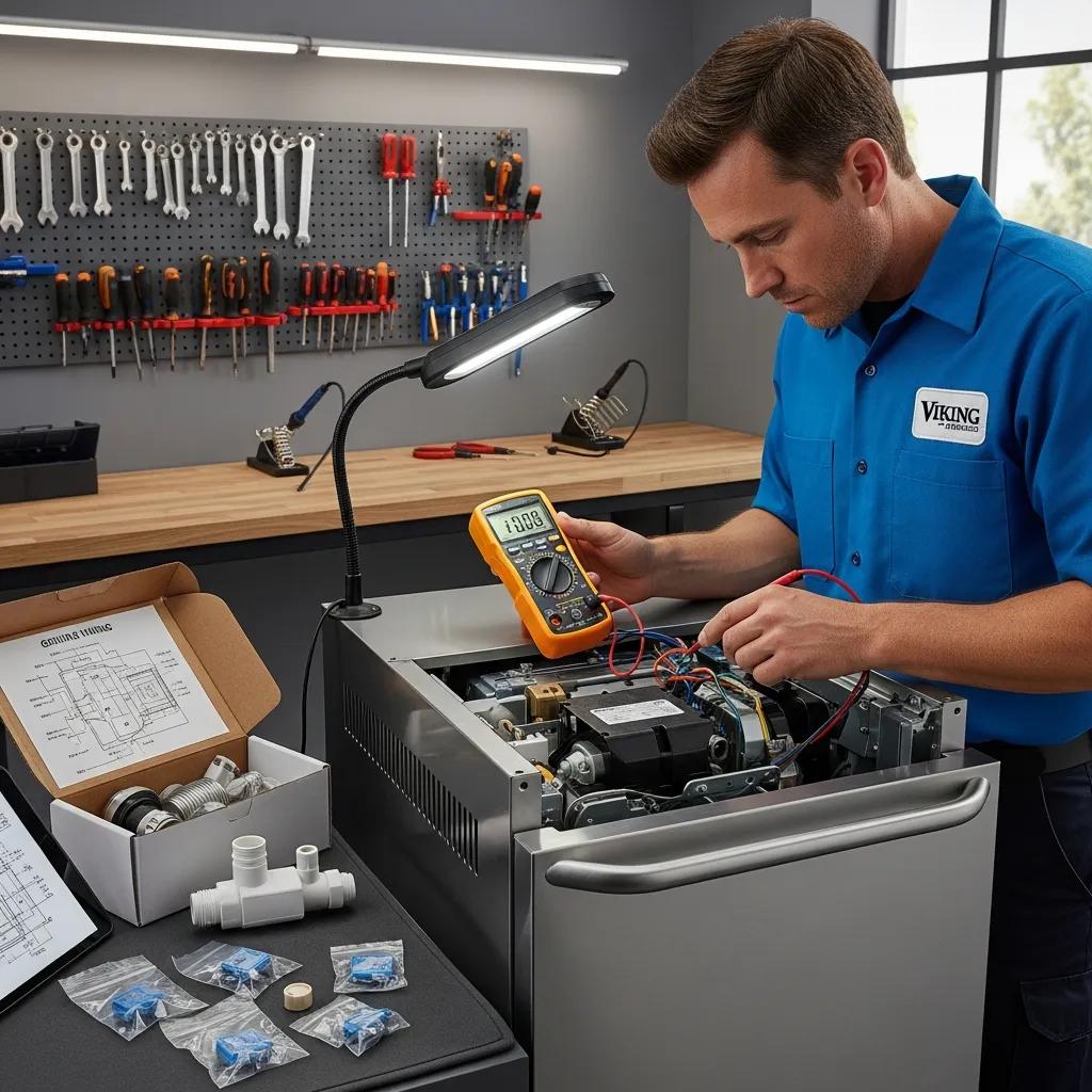 Certified technician repairing a Viking ice maker with diagnostic tools