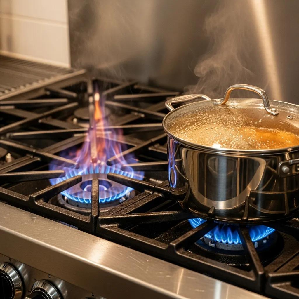 Close-up of a Viking range burner with uneven flames indicating heating issues