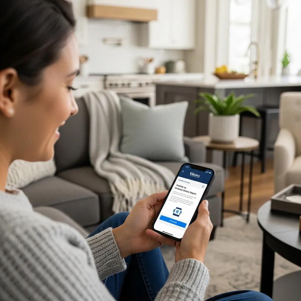 Customer scheduling a Viking appliance repair appointment using a smartphone in a living room