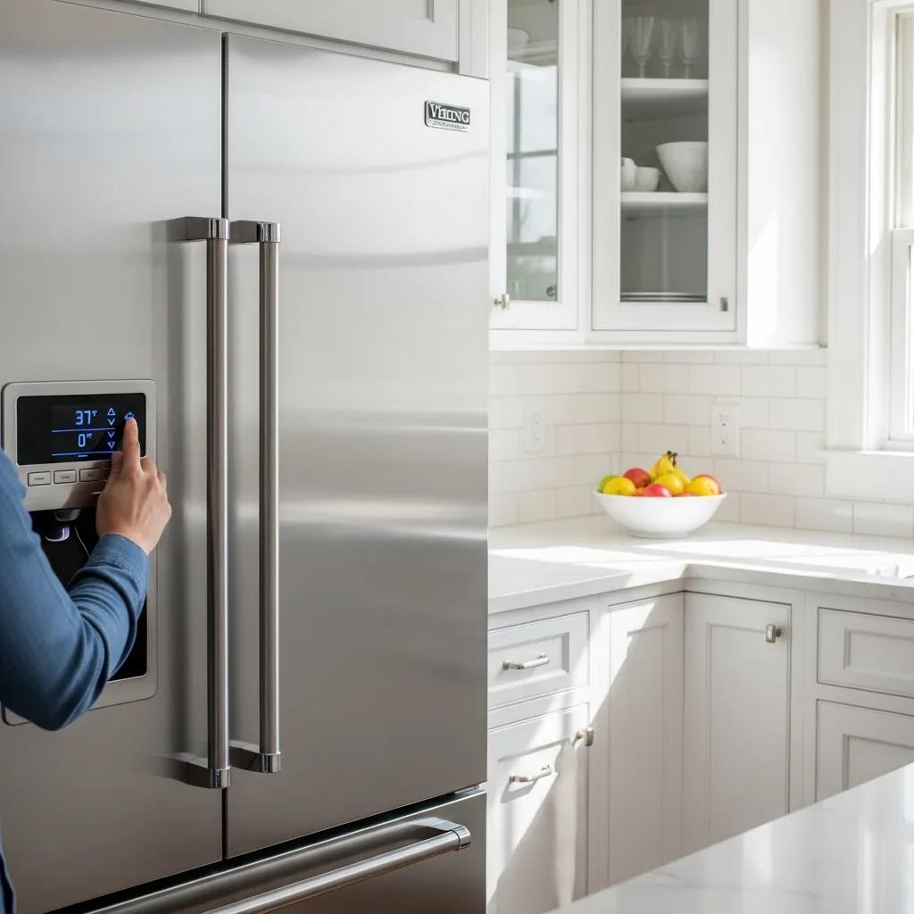 Person adjusting thermostat on a Viking refrigerator, highlighting cooling issues