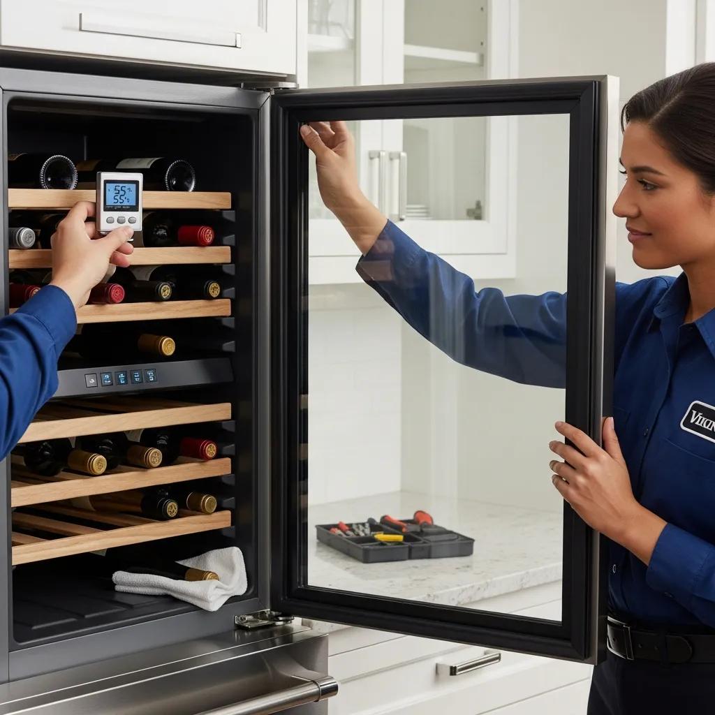 Person maintaining a Viking wine cooler, focusing on temperature settings and cleanliness