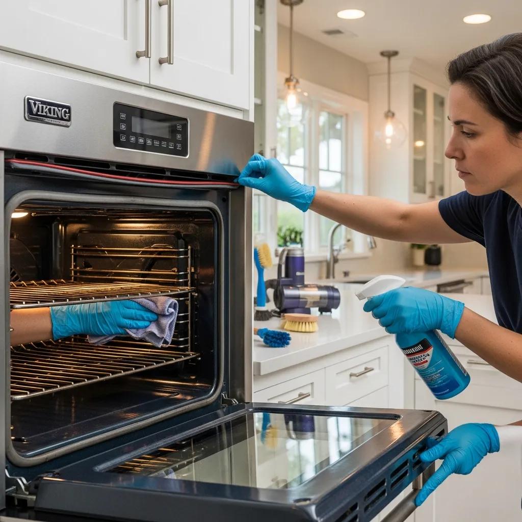 Person performing maintenance on a Viking oven, showcasing routine care and reliability