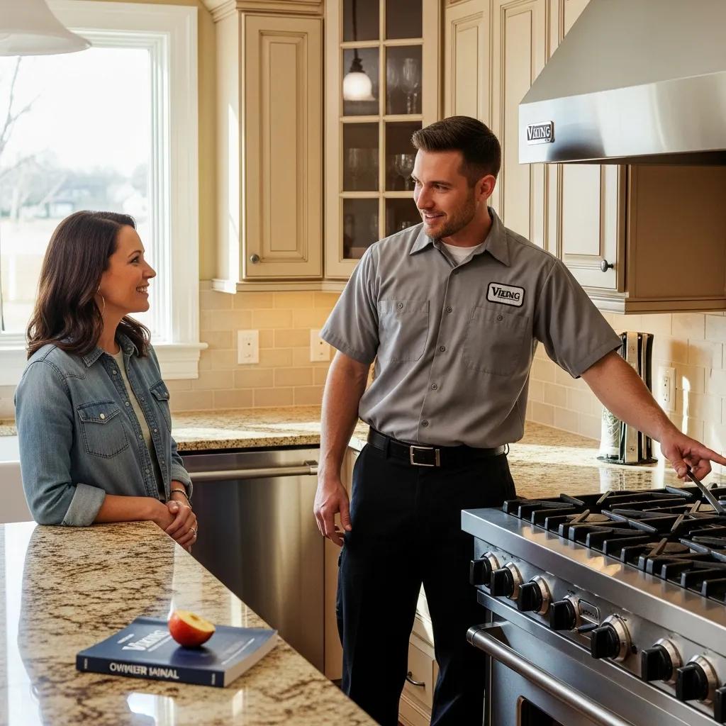 Satisfied customer with a licensed technician after a Viking cooktop repair, highlighting trust and satisfaction