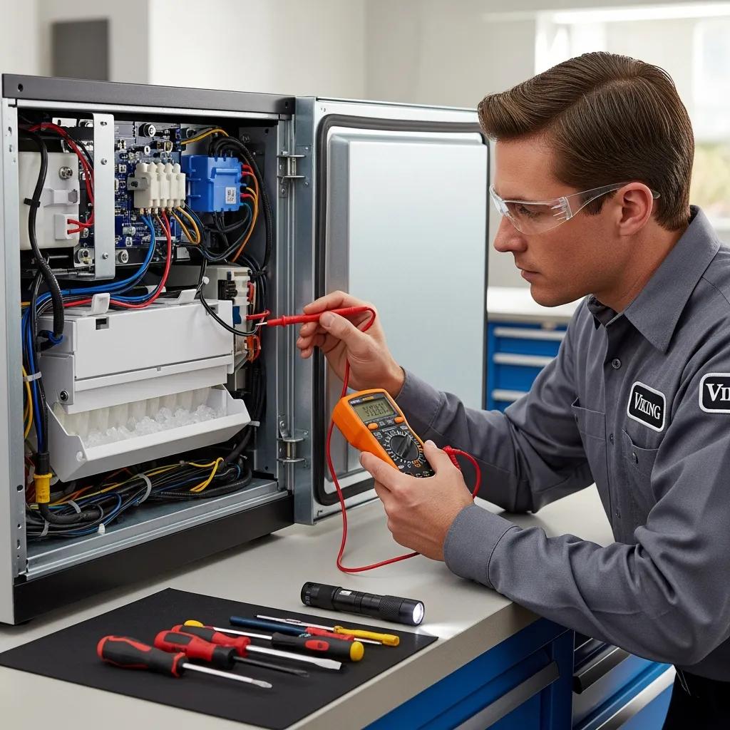 Technician inspecting a Viking ice maker, highlighting common repair issues