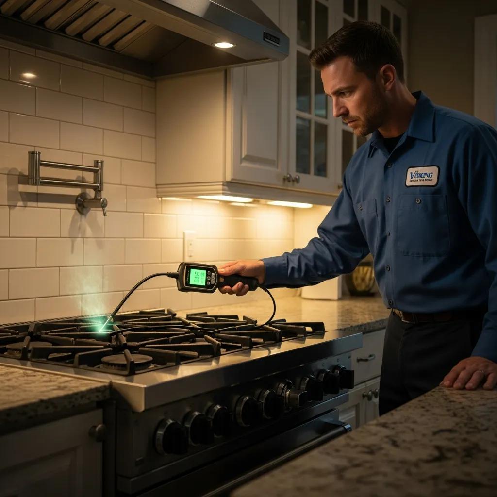 Technician inspecting a Viking range for gas leaks with a detector