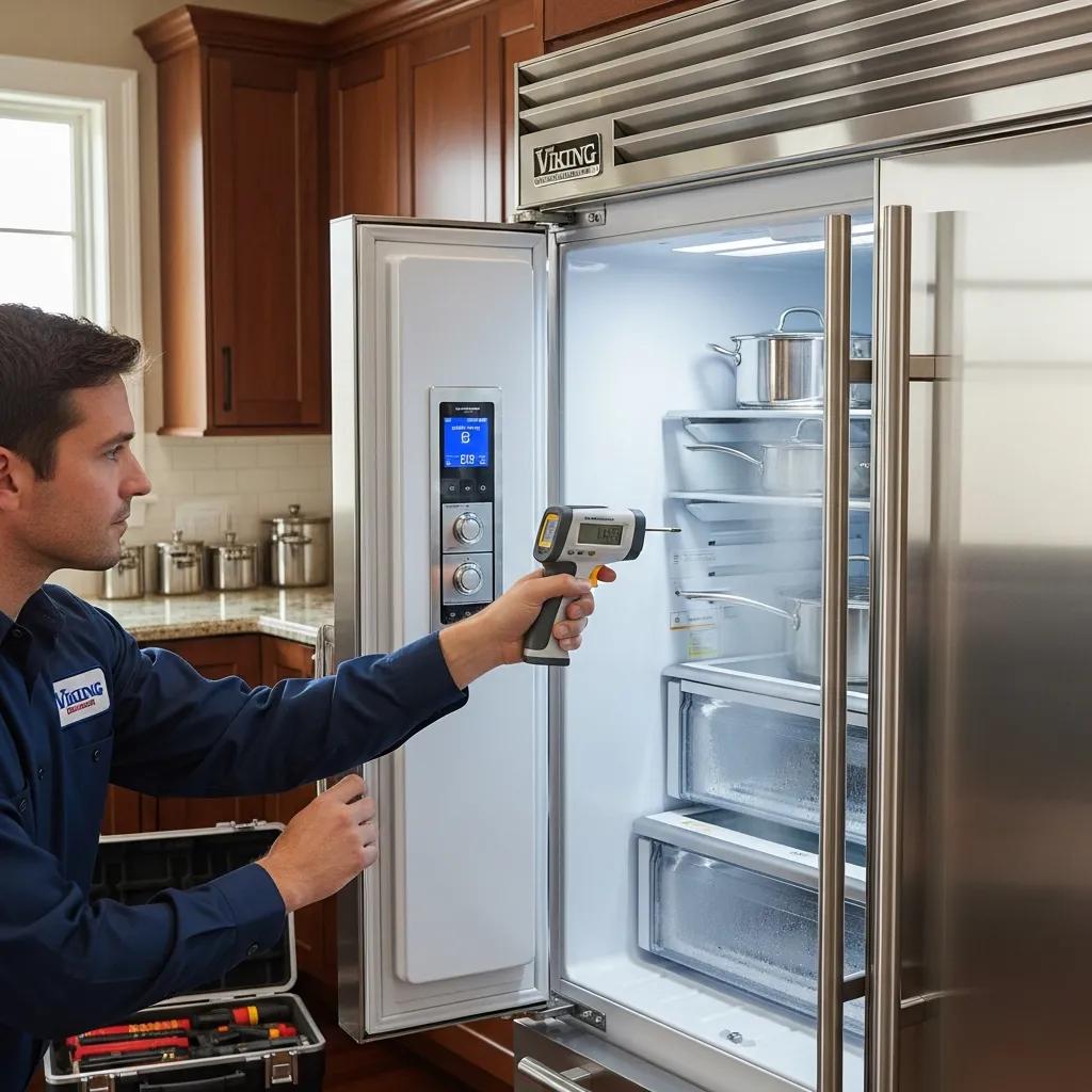 Technician inspecting a Viking refrigerator's temperature settings in a well-organized kitchen