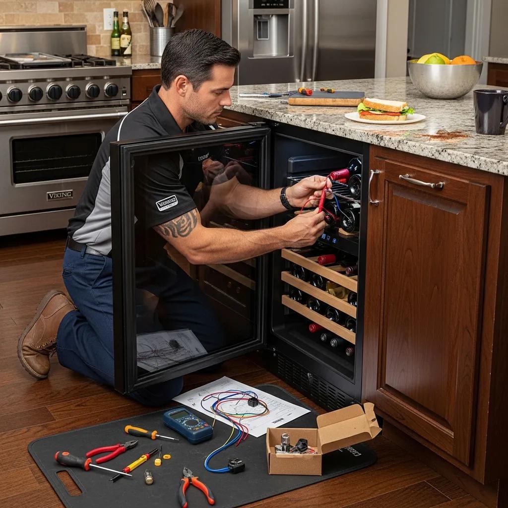 Technician performing emergency repair on a Viking wine cooler, illustrating urgent service