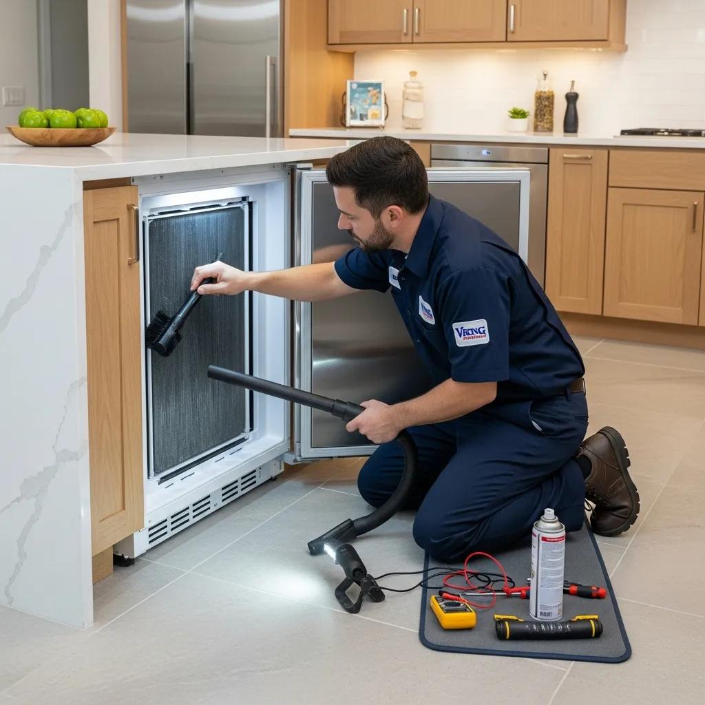 Technician performing maintenance on a Viking refrigerator, emphasizing professional services