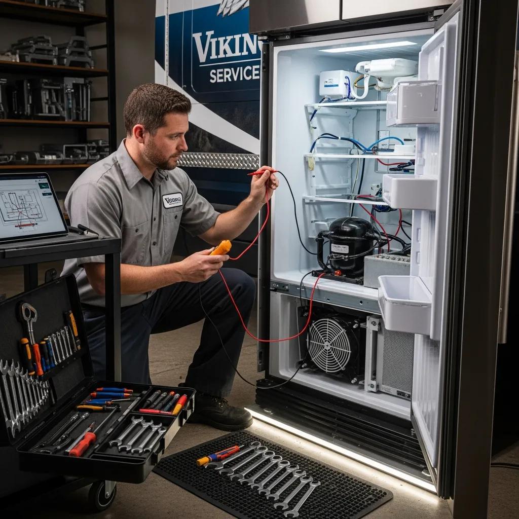 Technician repairing a Viking refrigerator, demonstrating professional appliance service
