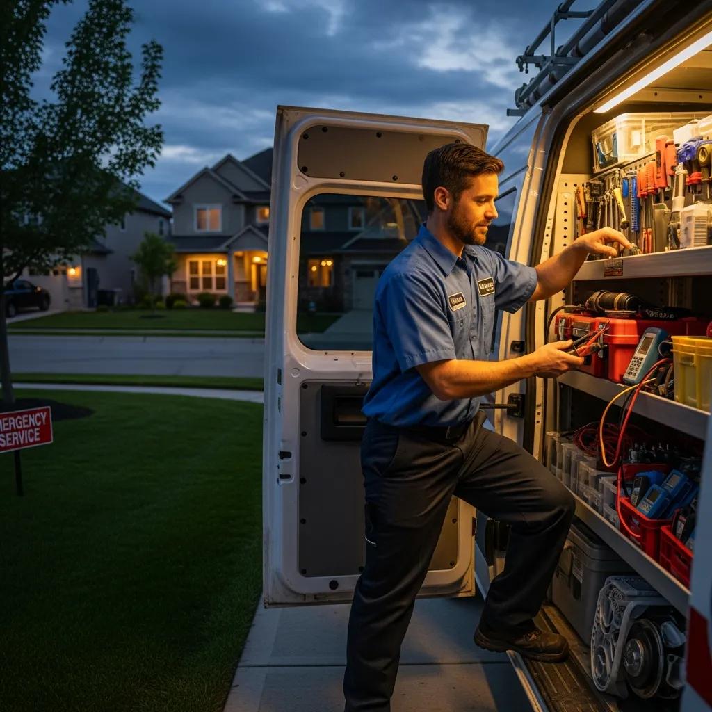 Viking appliance repair technician preparing for an emergency service call in a van