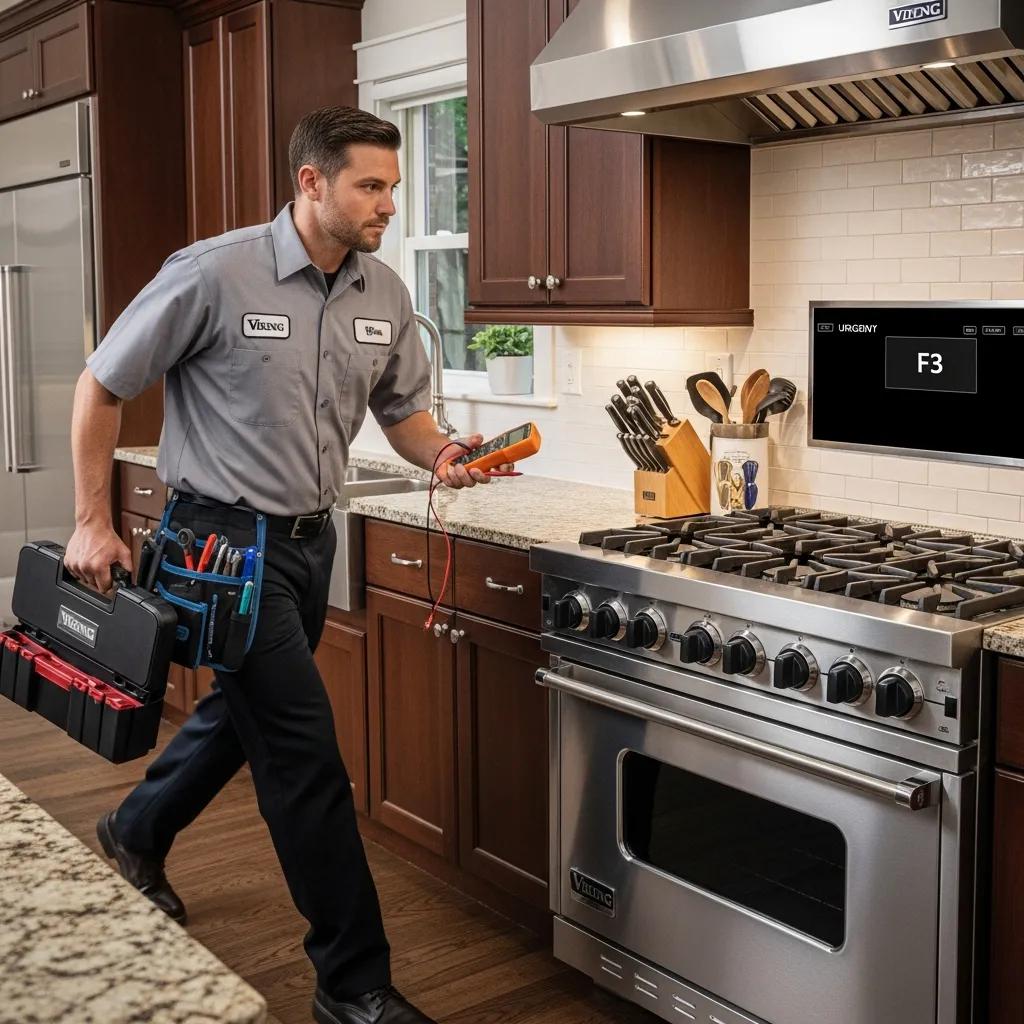 Viking appliance repair technician responding to an emergency call in a home kitchen