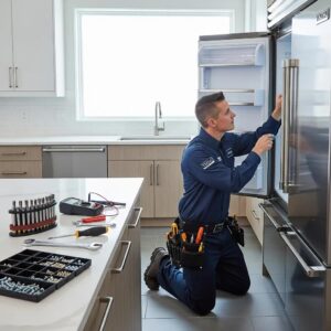 Viking appliance repair technician servicing a refrigerator in a modern kitchen