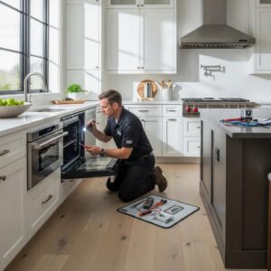 Viking appliance repair technician working on a modern oven in a stylish kitchen